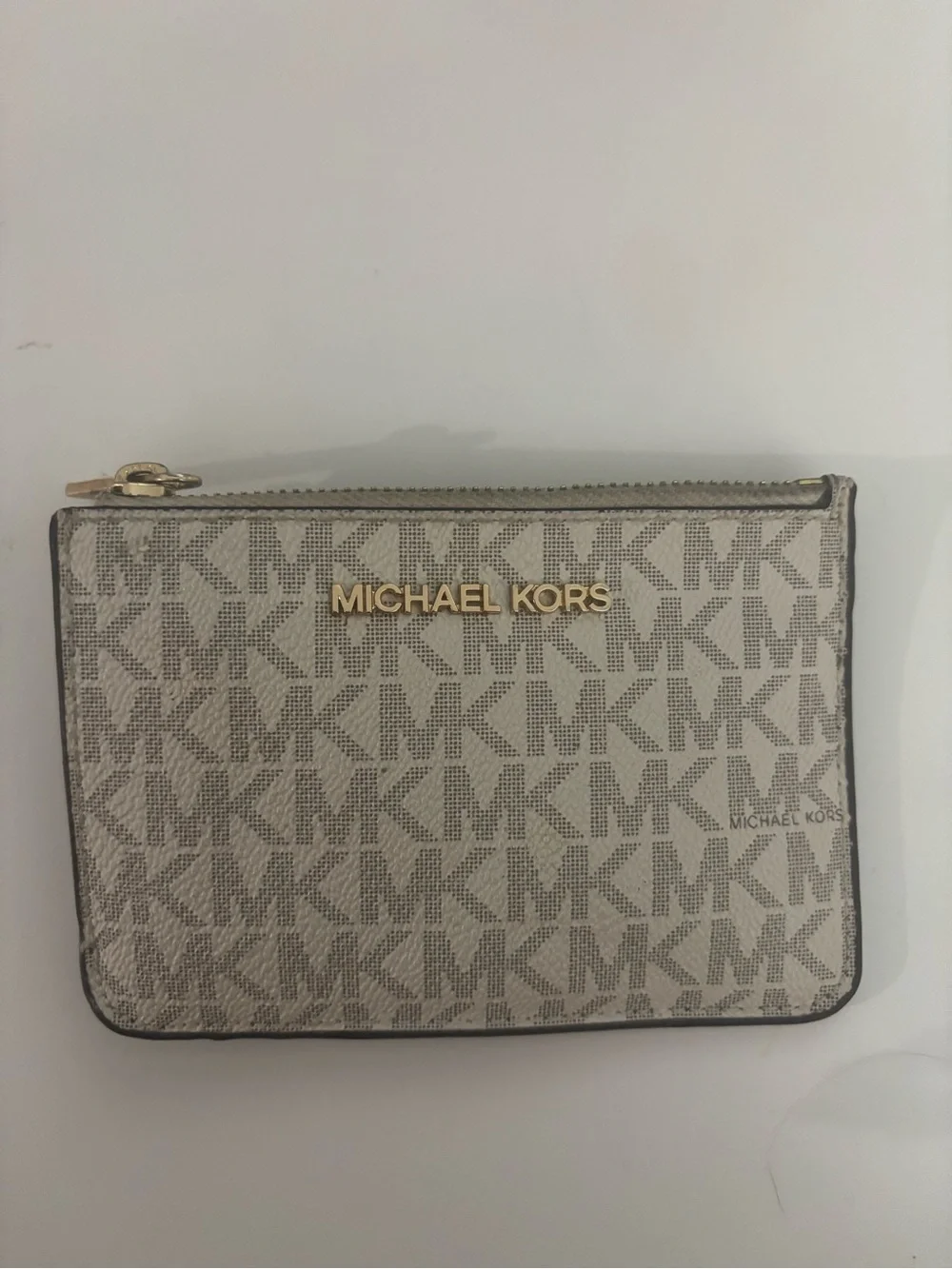 Michael Kors Cream Beige MK Monogram Zip Card Pouch with Gold Hardware